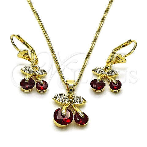 Oro Laminado Earring and Pendant Adult Set, Gold Filled Style Cherry Design, with Garnet Cubic Zirconia and White Micro Pave, Polished, Golden Finish, 10.210.0185