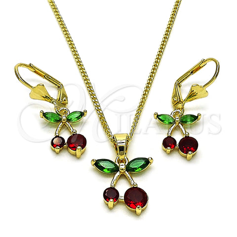 Oro Laminado Earring and Pendant Adult Set, Gold Filled Style Cherry Design, with Garnet and Green Cubic Zirconia, Polished, Golden Finish, 10.210.0186