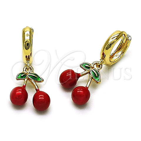 Oro Laminado Dangle Earring, Gold Filled Style Cherry Design, Red Enamel Finish, Golden Finish, 02.284.0051
