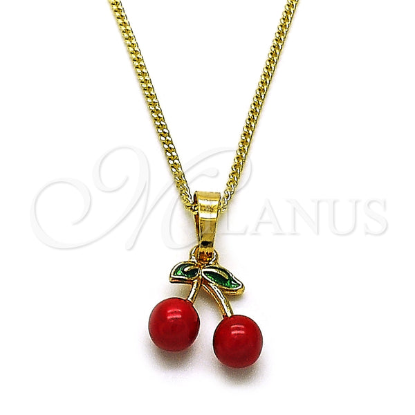 Oro Laminado Pendant Necklace, Gold Filled Style Cherry Design, Red Enamel Finish, Golden Finish, 04.284.0061.18