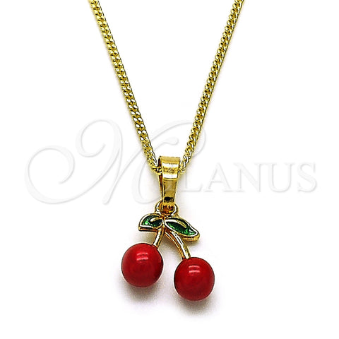 Oro Laminado Pendant Necklace, Gold Filled Style Cherry Design, Red Enamel Finish, Golden Finish, 04.284.0061.18