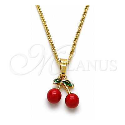 Oro Laminado Pendant Necklace, Gold Filled Style Cherry Design, Red Enamel Finish, Golden Finish, 04.284.0061.18 (Thickness, 18 Inches Length)