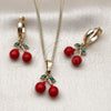 Oro Laminado Earring and Pendant Adult Set, Gold Filled Style Cherry Design, Red Enamel Finish, Golden Finish, 10.284.0049