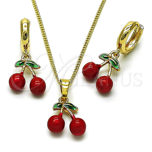 Oro Laminado Earring and Pendant Adult Set, Gold Filled Style Cherry Design, Red Enamel Finish, Golden Finish, 10.284.0049