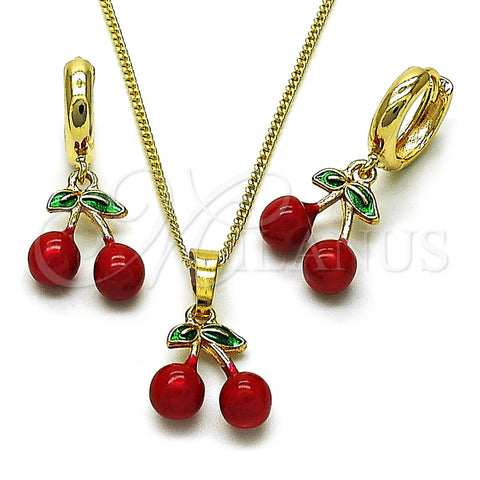 Oro Laminado Earring and Pendant Adult Set, Gold Filled Style Cherry Design, Red Enamel Finish, Golden Finish, 10.284.0049