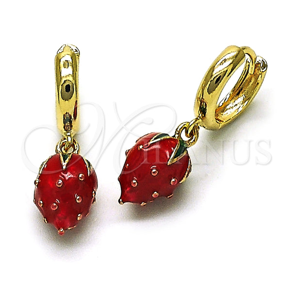 Oro Laminado Dangle Earring, Gold Filled Style Strawberry Design, Red Enamel Finish, Golden Finish, 02.284.0052