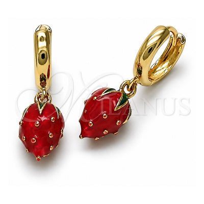 Oro Laminado Dangle Earring, Gold Filled Style Strawberry Design, Red Enamel Finish, Golden Finish, 02.284.0052