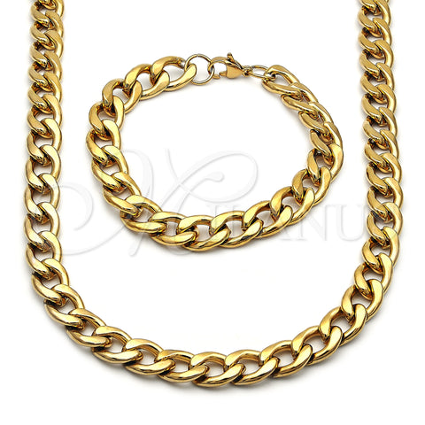 Stainless Steel Necklace and Bracelet, Curb Design, Polished, Golden Finish, 06.257.0003