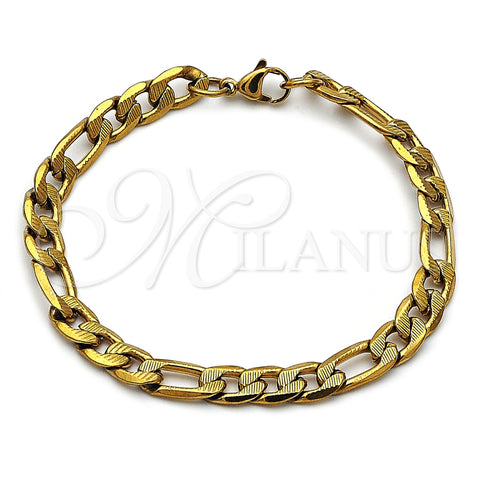 Stainless Steel Basic Bracelet, Pave Figaro Design, Diamond Cutting Finish, Golden Finish, 03.257.0003.09 (Thickness, 9 Inches Length)