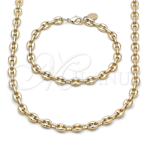 Oro Laminado Necklace and Bracelet, Gold Filled Style Puff Mariner Design, Polished, Golden Finish, 06.63.0299