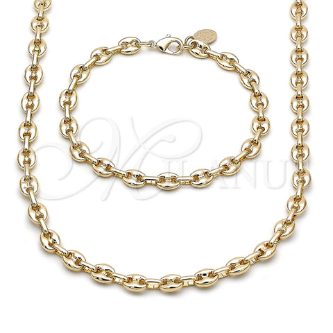 Oro Laminado Necklace and Bracelet, Gold Filled Style Puff Mariner Design, Polished, Golden Finish, 06.63.0299