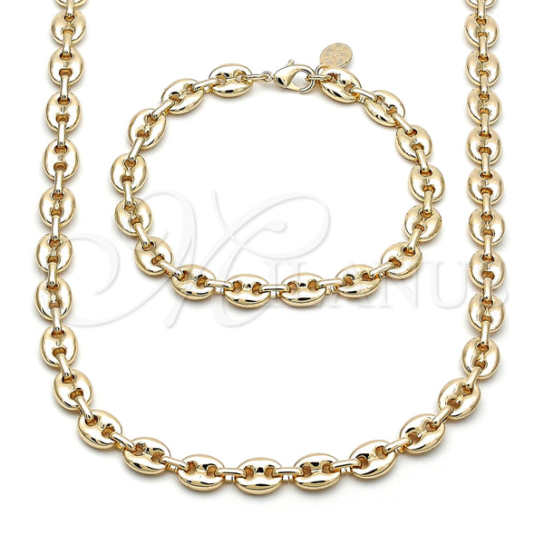 Oro Laminado Necklace and Bracelet, Gold Filled Style Puff Mariner Design, Polished, Golden Finish, 06.63.0300
