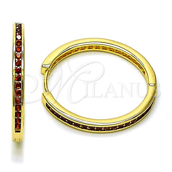 Gold Filled Hoop Earrings — Huggie Hoop with Garnet Cubic Zirconia Polished 02. — main product view — SKU 160117 | Oro Laminado aretes de aro — Huggie Hoop with Garnet Cubic Zirconia pulido 02. — SKU 160117