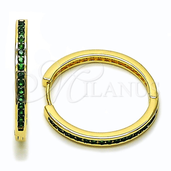 Gold Filled Hoop Earrings — Huggie Hoop with Green Cubic Zirconia Polished 02. — main product view — SKU 160119 | Oro Laminado aretes de aro — Huggie Hoop with Green Cubic Zirconia pulido 02. — SKU 160119