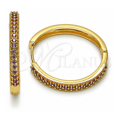 Oro Laminado Huggie Hoop, Gold Filled Style with Amethyst Cubic Zirconia, Polished, Golden Finish, 02.195.0300.1.30