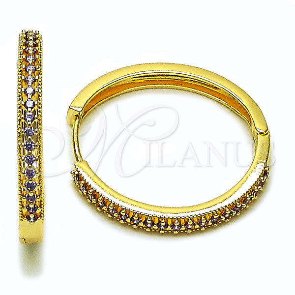 Gold Filled Hoop Earrings — Huggie Hoop with Amethyst Cubic Zirconia Polished 02. — main product view — SKU 160121 | Oro Laminado aretes de aro — Huggie Hoop with Amethyst Cubic Zirconia pulido 02. — SKU 160121