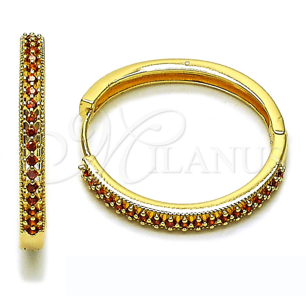 Oro Laminado Huggie Hoop, Gold Filled Style with Garnet Cubic Zirconia, Polished, Golden Finish, 02.195.0300.2.30