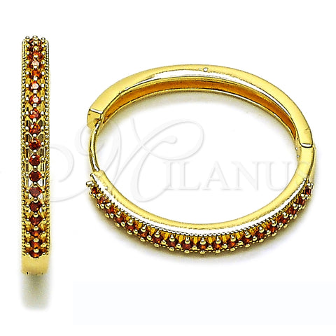 Oro Laminado Huggie Hoop, Gold Filled Style with Garnet Cubic Zirconia, Polished, Golden Finish, 02.195.0300.2.30