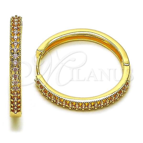 Gold Filled Hoop Earrings — Huggie Hoop with Pink Cubic Zirconia Polished 02. — main product view — SKU 160125 | Oro Laminado aretes de aro — Huggie Hoop with Pink Cubic Zirconia pulido 02. — SKU 160125