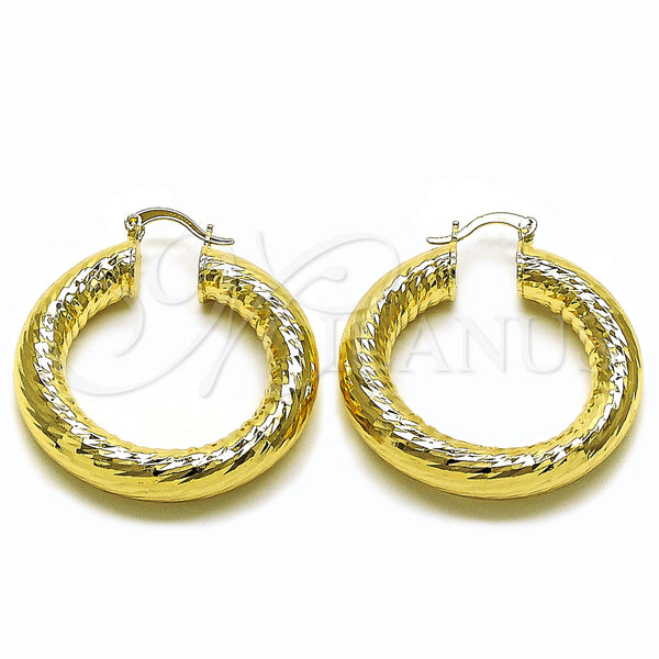 Gold Filled Hoop Earrings — Medium Hoop Hollow Design Diamond Cutting 02. — main product view — SKU 160129 | Oro Laminado aretes de aro — Medium Hoop Hollow diseño Diamond Cutting 02. — SKU 160129