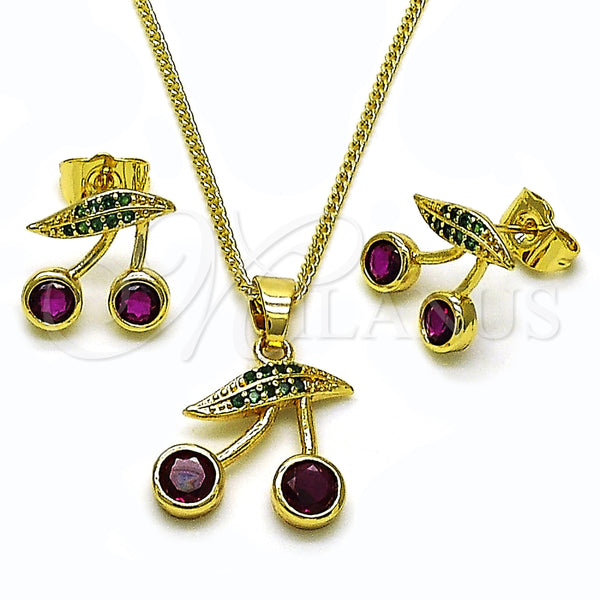 Oro Laminado Earring and Pendant Adult Set, Gold Filled Style Cherry Design, with Ruby Cubic Zirconia and Green Micro Pave, Polished, Golden Finish, 10.283.0027