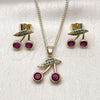 Oro Laminado Earring and Pendant Adult Set, Gold Filled Style Cherry Design, with Ruby Cubic Zirconia and Green Micro Pave, Polished, Golden Finish, 10.283.0027