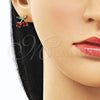 Oro Laminado Stud Earring, Gold Filled Style Cherry Design, with Garnet and Green Cubic Zirconia, Polished, Golden Finish, 02.283.0258