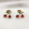 Oro Laminado Stud Earring, Gold Filled Style Cherry Design, with Garnet and Green Cubic Zirconia, Polished, Golden Finish, 02.283.0258