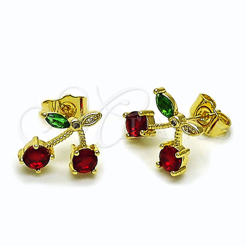Oro Laminado Stud Earring, Gold Filled Style Cherry Design, with Garnet and Green Cubic Zirconia, Polished, Golden Finish, 02.283.0258