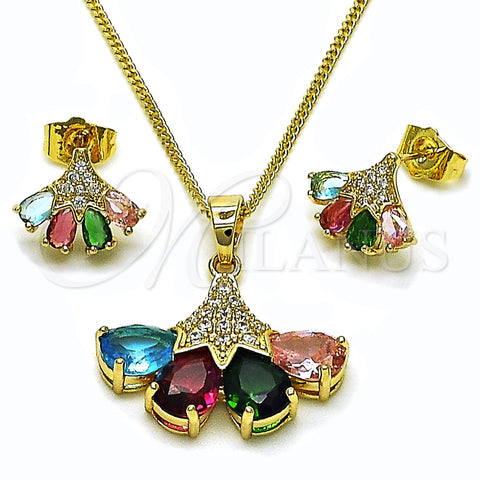 Oro Laminado Earring and Pendant Adult Set, Gold Filled Style Teardrop Design, with Multicolor and White Cubic Zirconia, Polished, Golden Finish, 10.283.0029