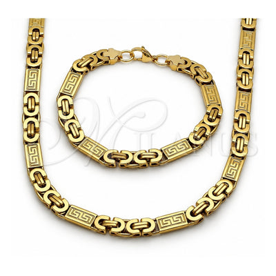 Stainless Steel Necklace and Bracelet, Greek Key Design, Polished, Golden Finish, 06.116.0009.1.22