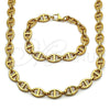 Stainless Steel Necklace and Bracelet, Mariner and Puff Mariner Design, Polished, Golden Finish, 06.116.0066