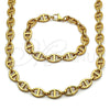 Stainless Steel Necklace and Bracelet, Mariner and Puff Mariner Design, Polished, Golden Finish, 06.116.0066
