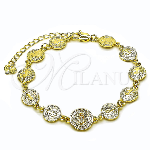 Oro Laminado Fancy Bracelet, Gold Filled Style San Benito Design, with White Cubic Zirconia, Polished, Golden Finish, 03.253.0117.07