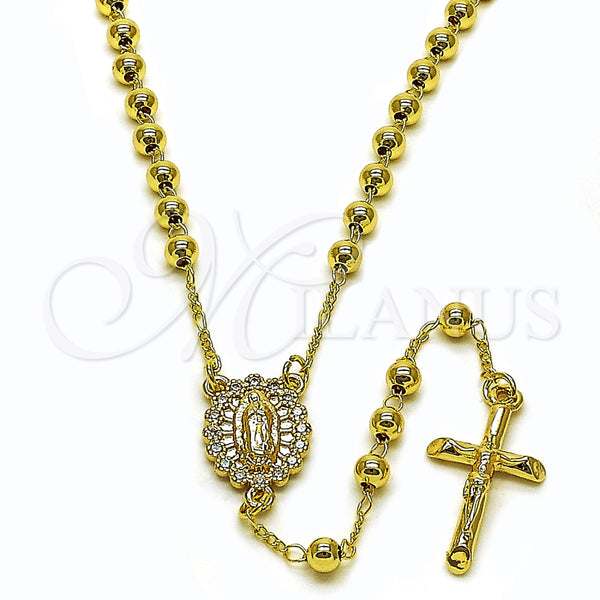 Oro Laminado Thin Rosary, Gold Filled Style Guadalupe and Cross Design, with White Cubic Zirconia, Polished, Golden Finish, 09.253.0080.22