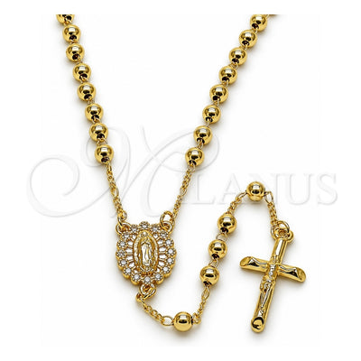 Oro Laminado Thin Rosary, Gold Filled Style Guadalupe and Cross Design, with White Cubic Zirconia, Polished, Golden Finish, 09.253.0080.22