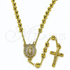 Oro Laminado Thin Rosary, Gold Filled Style Guadalupe and Cross Design, with White Cubic Zirconia, Polished, Golden Finish, 09.253.0080.22