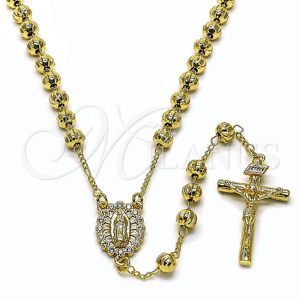 Oro Laminado Medium Rosary, Gold Filled Style Guadalupe and Crucifix Design, with White Cubic Zirconia, Diamond Cutting Finish, Golden Finish, 09.253.0081.26