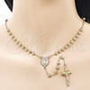 Oro Laminado Medium Rosary, Gold Filled Style Guadalupe and Crucifix Design, with White Cubic Zirconia, Diamond Cutting Finish, Golden Finish, 09.253.0082.26