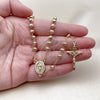 Oro Laminado Medium Rosary, Gold Filled Style Guadalupe and Crucifix Design, with White Cubic Zirconia, Diamond Cutting Finish, Golden Finish, 09.253.0082.26