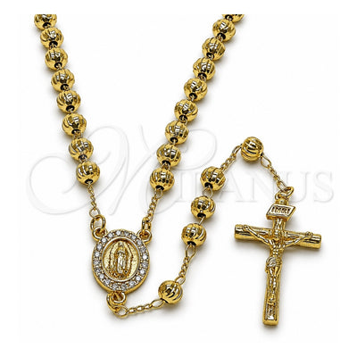 Oro Laminado Medium Rosary, Gold Filled Style Guadalupe and Crucifix Design, with White Cubic Zirconia, Diamond Cutting Finish, Golden Finish, 09.253.0082.26