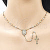 Oro Laminado Thin Rosary, Gold Filled Style Guadalupe and Crucifix Design, with White Cubic Zirconia, Polished, Tricolor, 09.253.0083.24