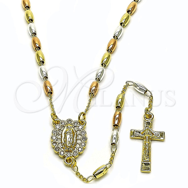 Oro Laminado Thin Rosary, Gold Filled Style Guadalupe and Crucifix Design, with White Cubic Zirconia, Polished, Tricolor, 09.253.0083.24
