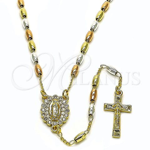 Oro Laminado Thin Rosary, Gold Filled Style Guadalupe and Crucifix Design, with White Cubic Zirconia, Polished, Tricolor, 09.253.0083.24