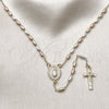 Oro Laminado Thin Rosary, Gold Filled Style Guadalupe and Crucifix Design, with White Cubic Zirconia, Polished, Tricolor, 09.253.0083.24