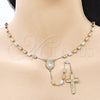 Oro Laminado Thin Rosary, Gold Filled Style Guadalupe and Crucifix Design, with White Micro Pave, Diamond Cutting Finish, Tricolor, 09.253.0084.26