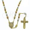 Oro Laminado Thin Rosary, Gold Filled Style Guadalupe and Crucifix Design, with White Micro Pave, Diamond Cutting Finish, Tricolor, 09.253.0084.26