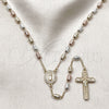 Oro Laminado Thin Rosary, Gold Filled Style Guadalupe and Crucifix Design, with White Micro Pave, Diamond Cutting Finish, Tricolor, 09.253.0084.26