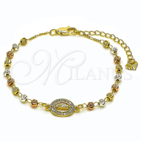 Oro Laminado Fancy Bracelet, Gold Filled Style Guadalupe and Ball Design, with White Micro Pave, Diamond Cutting Finish, Tricolor, 03.253.0118.07