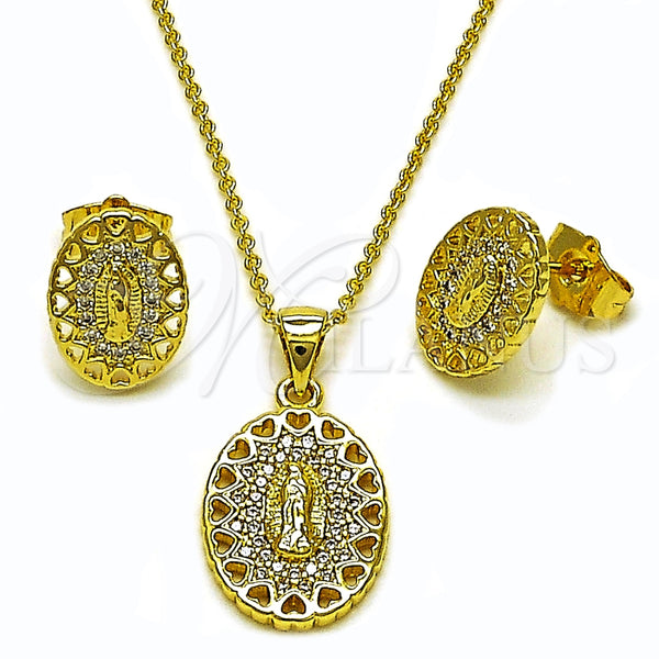 Oro Laminado Earring and Pendant Adult Set, Gold Filled Style Guadalupe and Heart Design, with White Micro Pave, Polished, Golden Finish, 10.156.0536